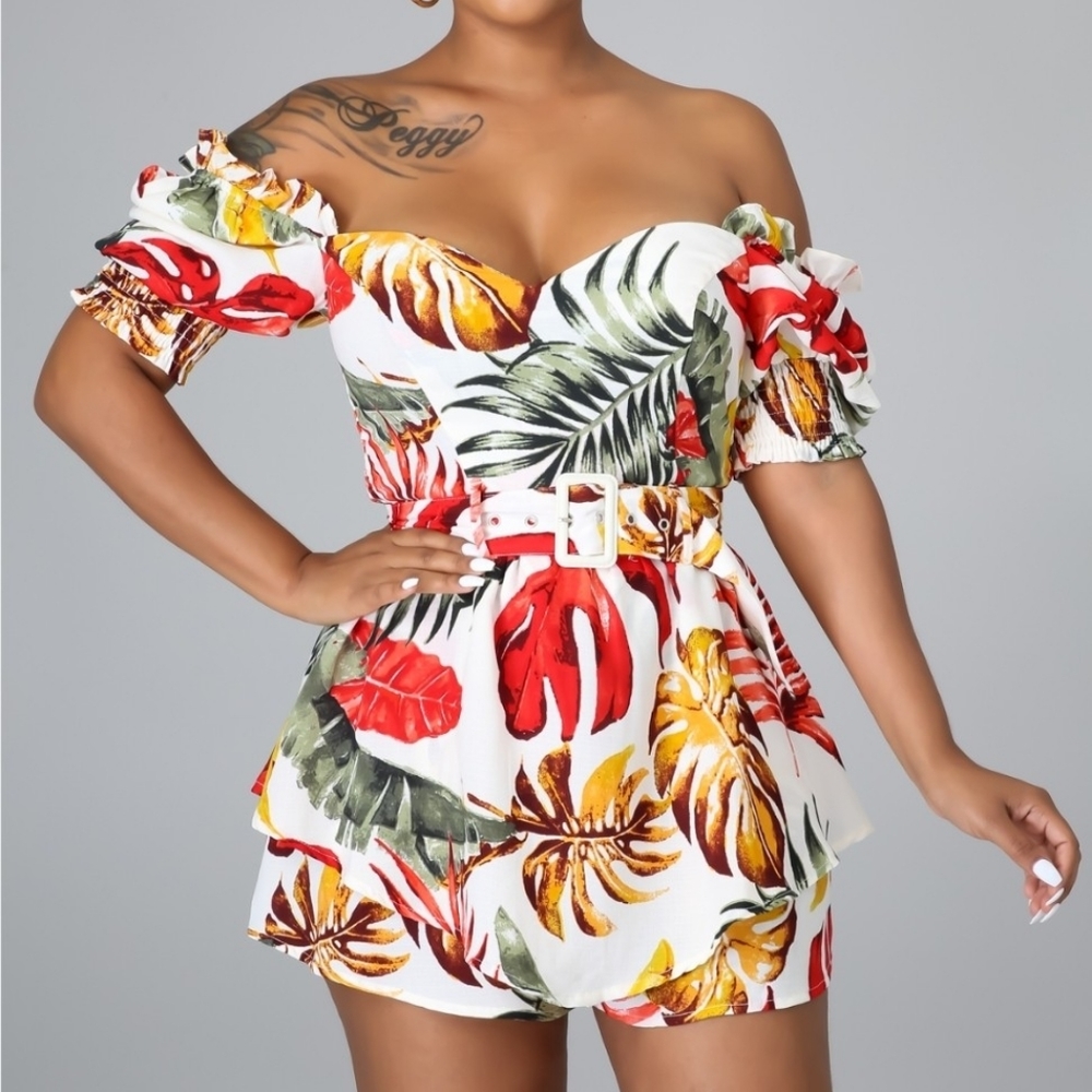 Tropical Leaf Romper with Belt